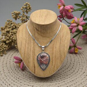 Boho Chic Artisan S925 Crazy Lace Agate Teardrop Pendant 18K Gold Plated Chain